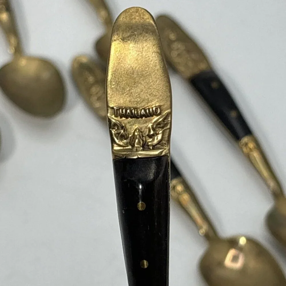 Set of 6 Spoons Siam Sitting Buddha Brass with Black Handle 4.5